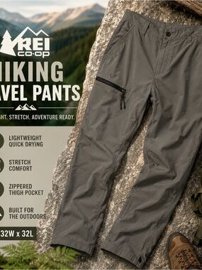 REI Co-op Mens Hiking Travel Pants Olive Stretch Nylon Outdoor Trail Pants 32x32